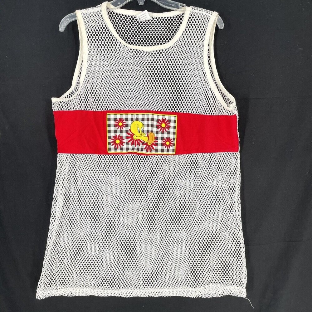 Vtg Looney Tunes Top Tank Net Mesh‎ Sleeveless Tweetie White One Size 90's Y2K